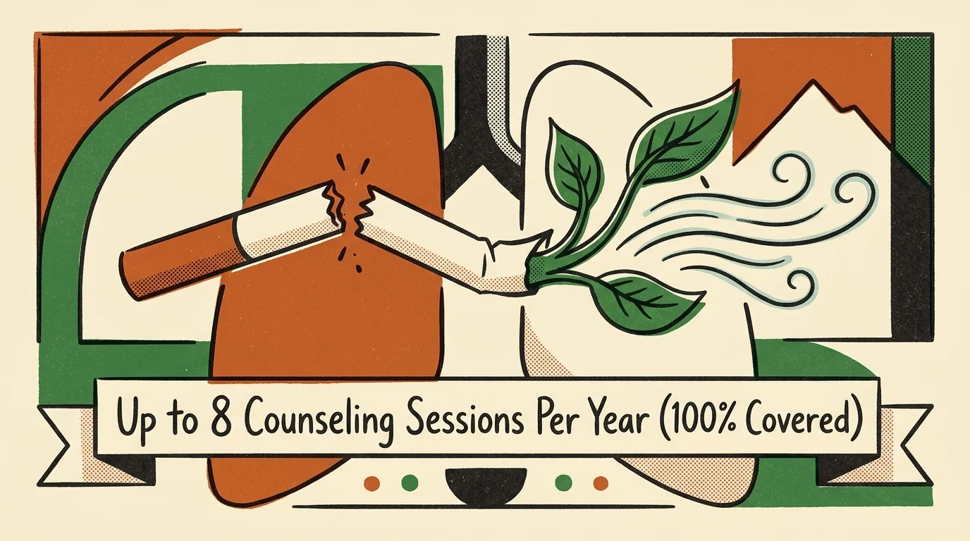 Illustration of lungs with a broken cigarette sprouting green leaves and a banner detailing covered counseling sessions.