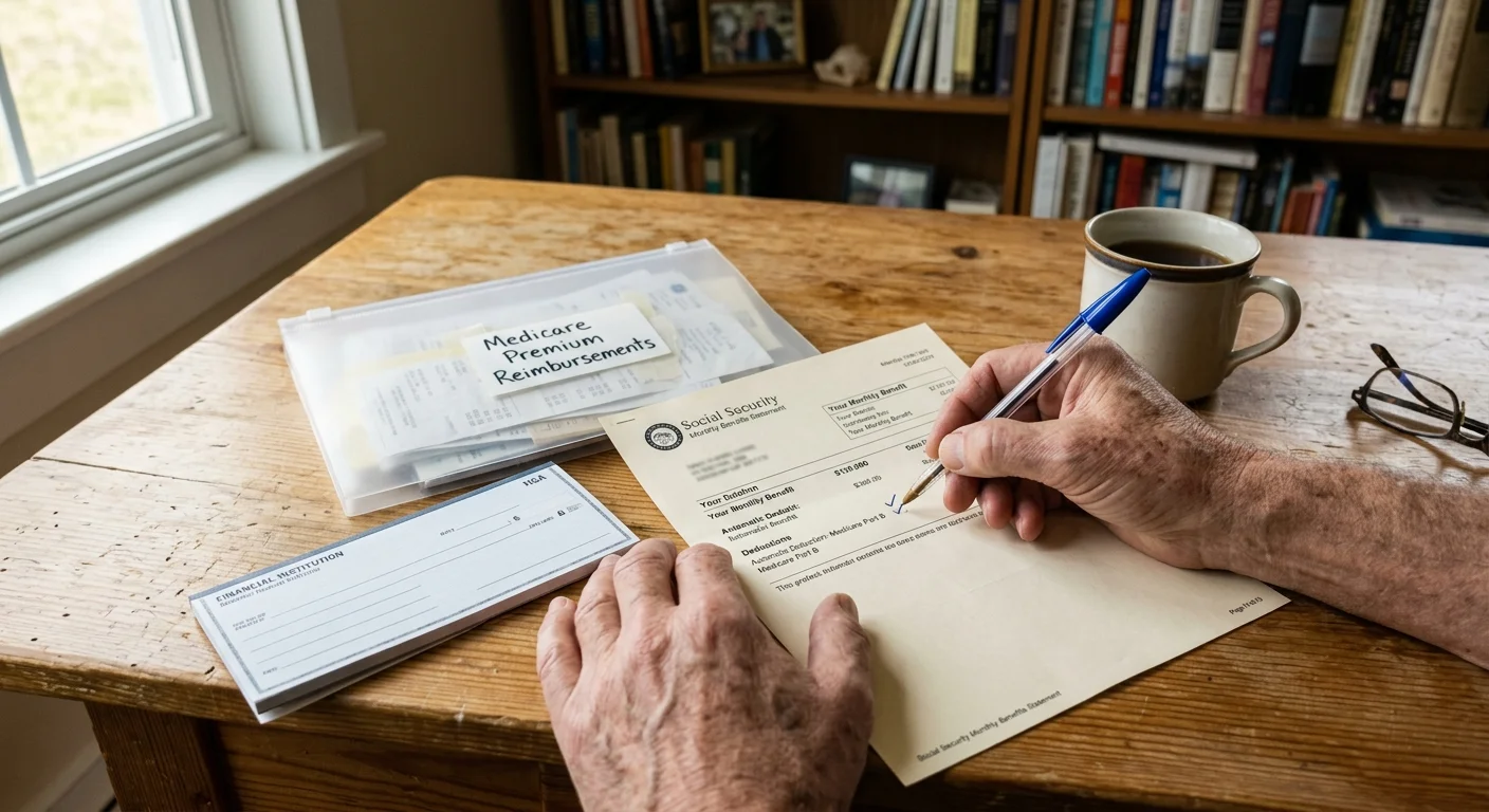 Hands of a person reviewing a Social Security statement at a wooden desk beside a checkbook and coffee mug.