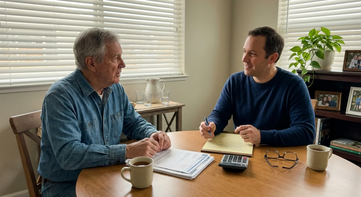 Two men sit at a round wooden table reviewing paperwork, with coffee mugs, a notepad, and a calculator between them.