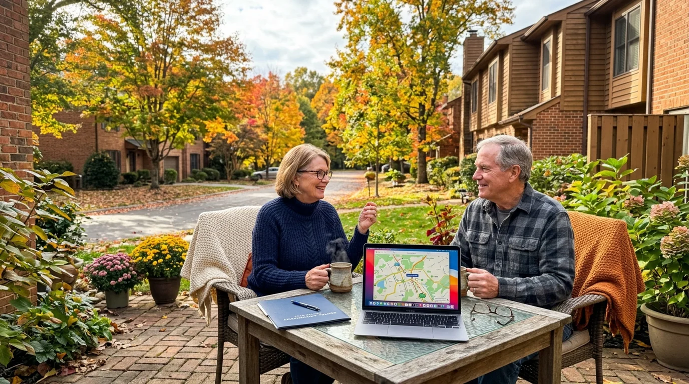Older couple sitting at a patio table with a laptop displaying a map, surrounded by autumn trees and townhomes.