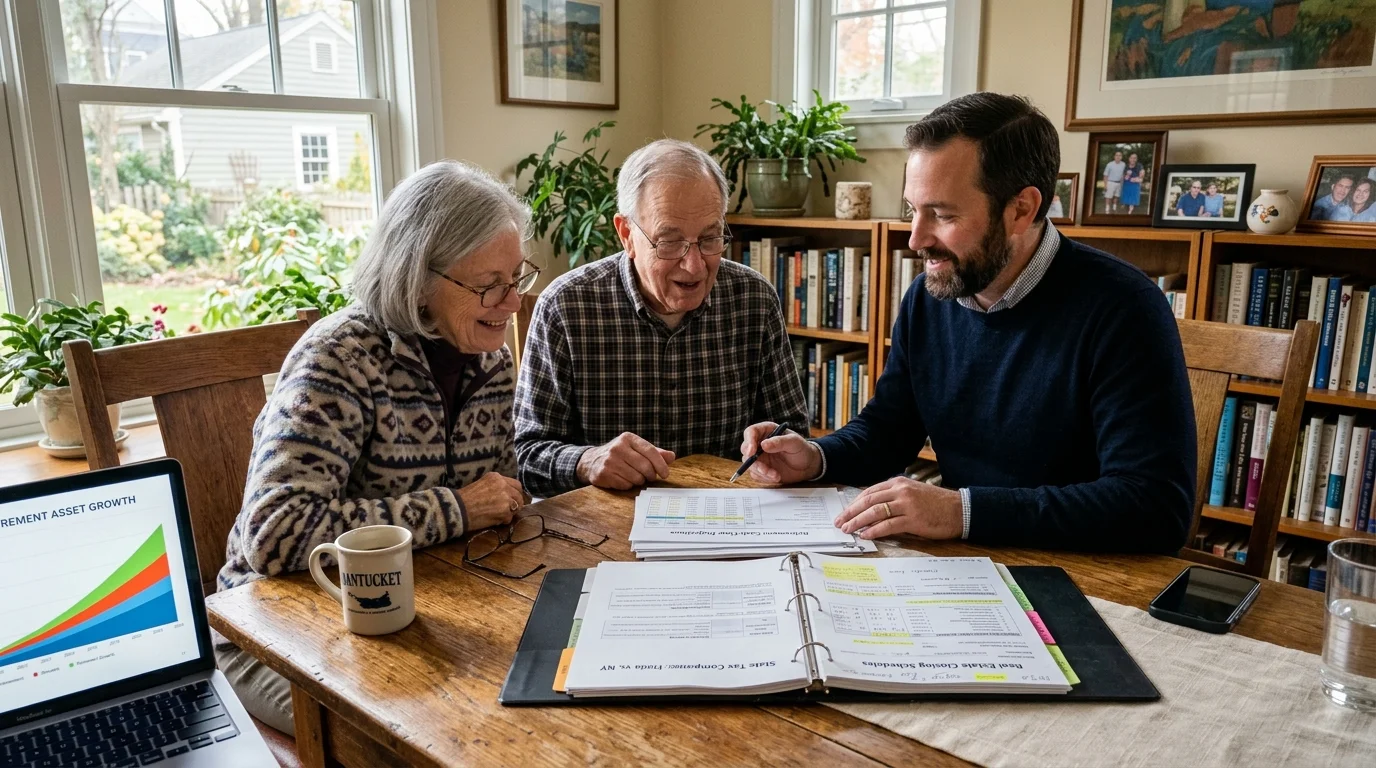 An older couple sits at a dining table reviewing financial documents with a bearded advisor pointing with a pen.