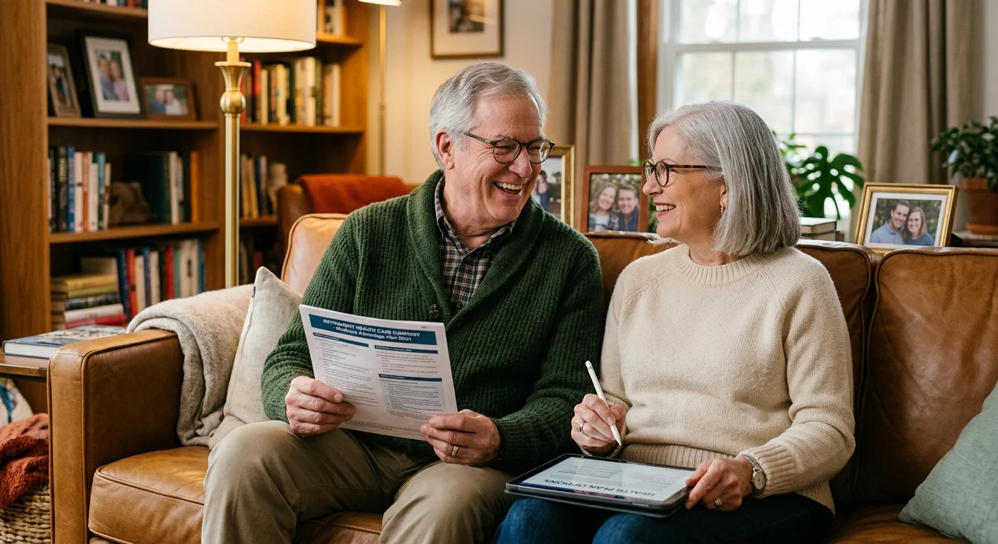 Senior couple smiling on a brown leather couch while reviewing a printed health document and a tablet.