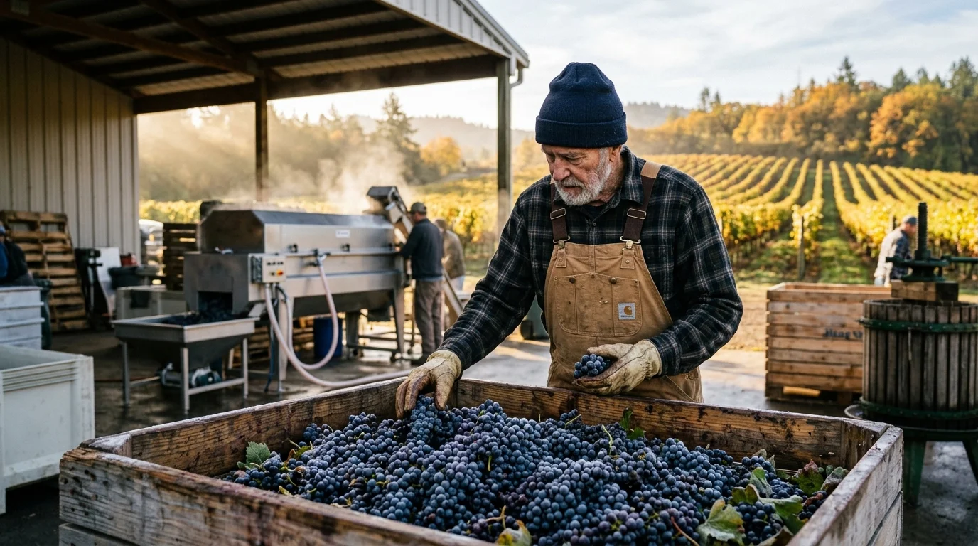 An older man in overalls and work gloves sorts dark grapes in a wooden bin at an outdoor vineyard facility.