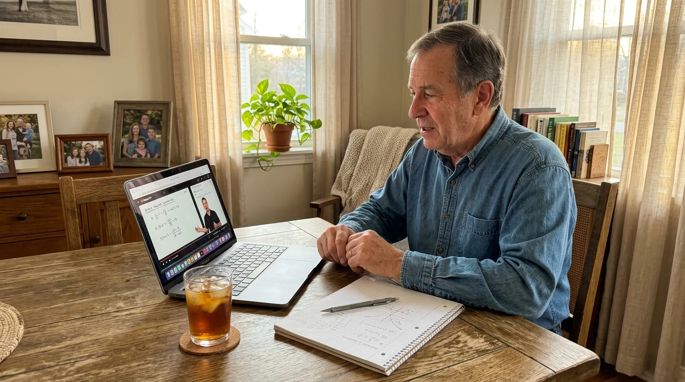 An older man in a denim shirt sits at a wooden table watching an online math lecture on his laptop with a notepad nearby.
