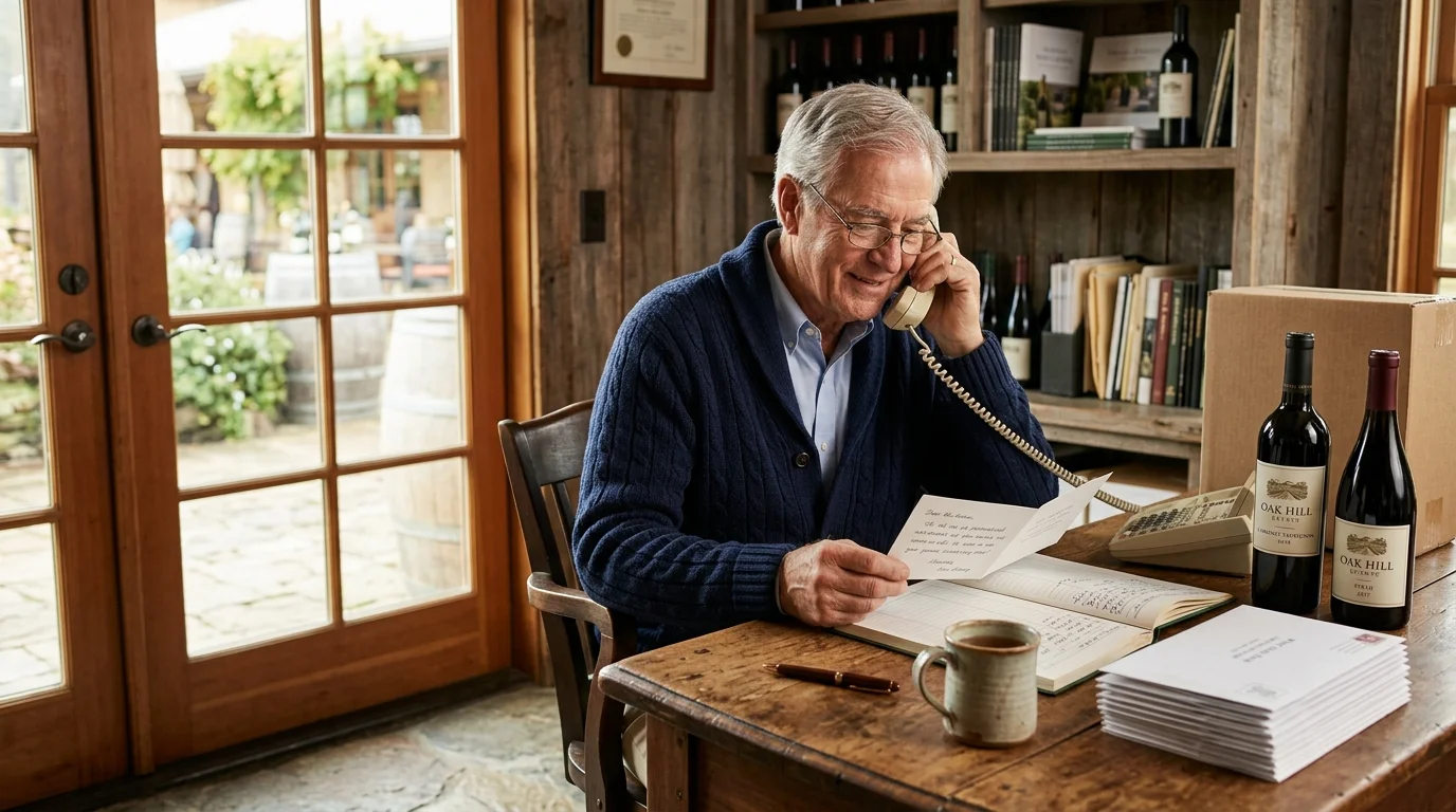 A senior man sits at a rustic wooden desk, talking on a landline phone while reading a letter beside wine bottles.