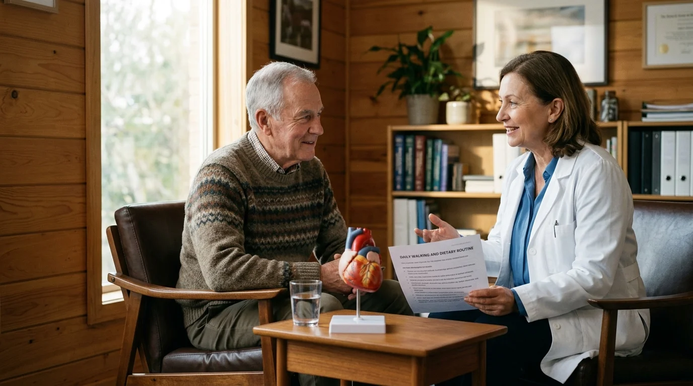 Female doctor in a white coat discusses a routine sheet with an older man seated beside an anatomical heart model.