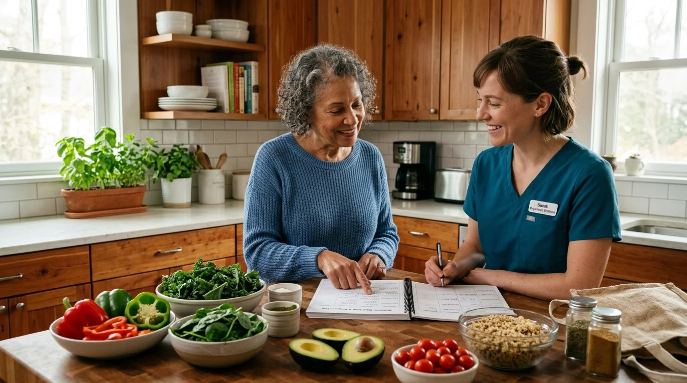 A registered dietitian and an older woman review a meal plan together at a kitchen counter with fresh vegetables.