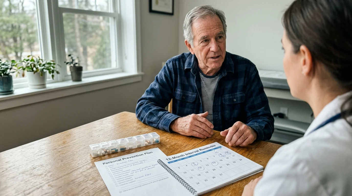 An older man sits across from a healthcare provider at a table with health planning documents and a pill organizer.