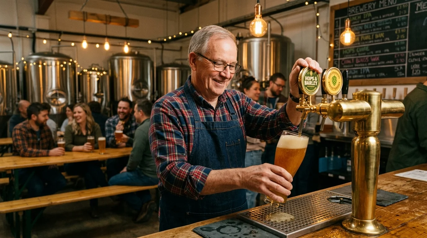 An older man in glasses and an apron smiles as he pours a draught beer from a brass tap inside a busy brewery taproom.