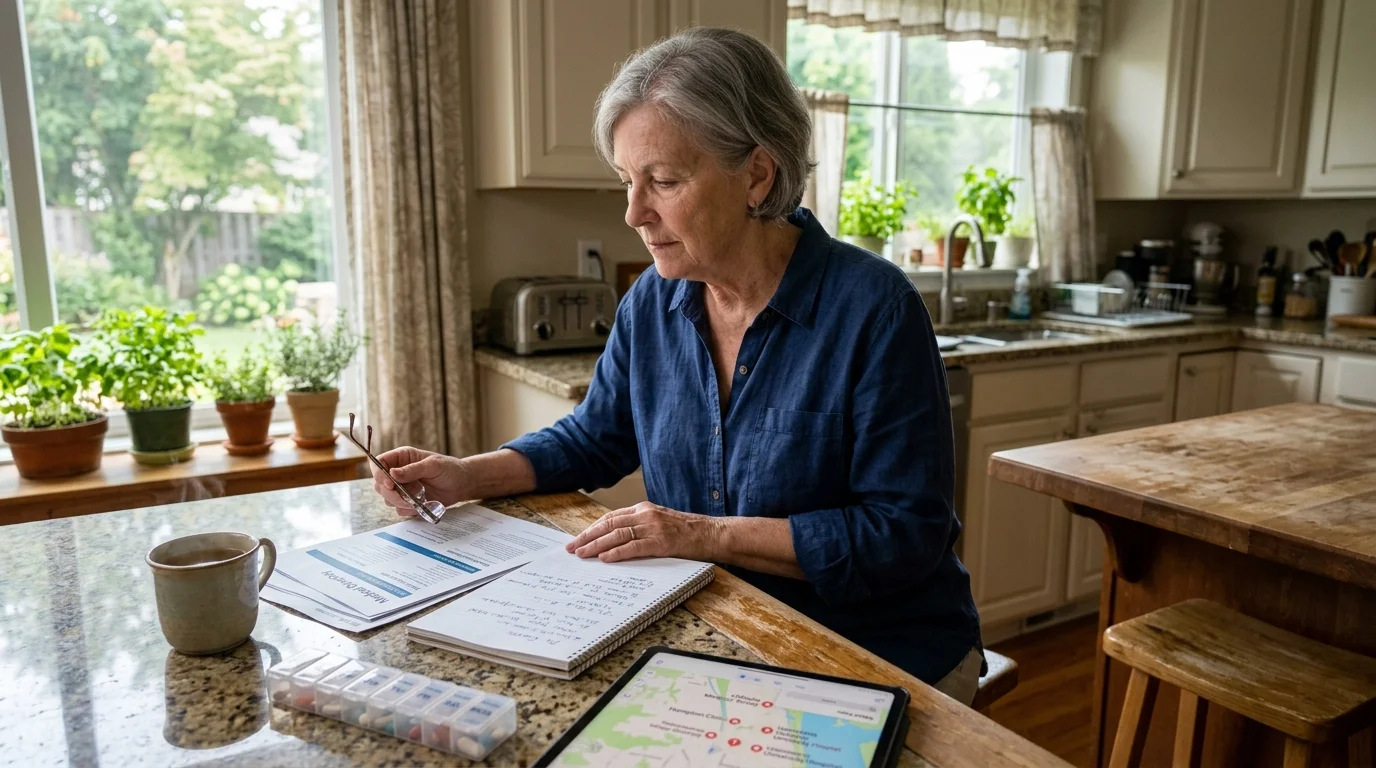Senior woman reviewing medical paperwork, a notebook, pill organizer, and tablet at a kitchen island counter.