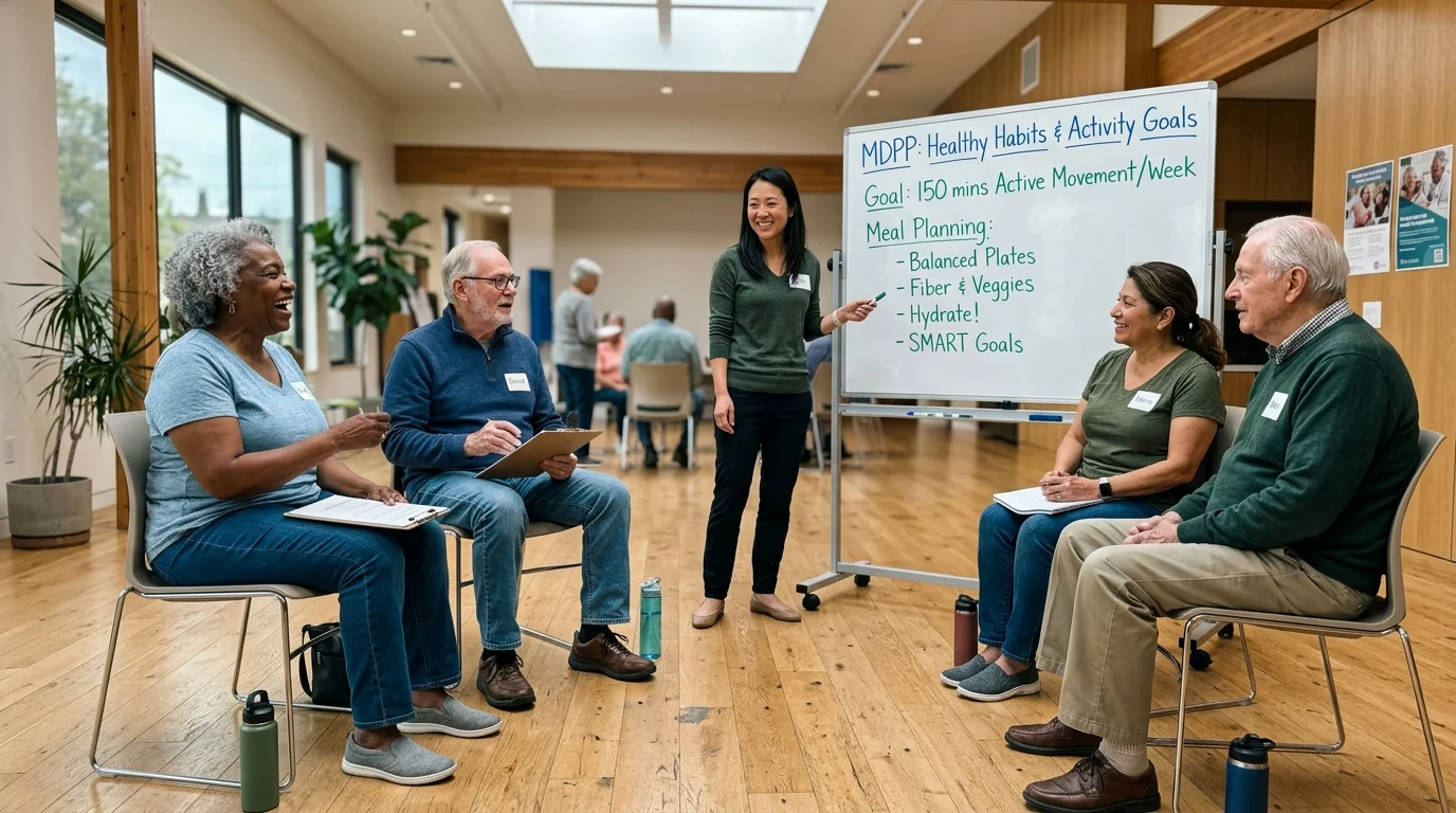 An instructor leads a wellness discussion for four seated older adults in front of a whiteboard about healthy habits.