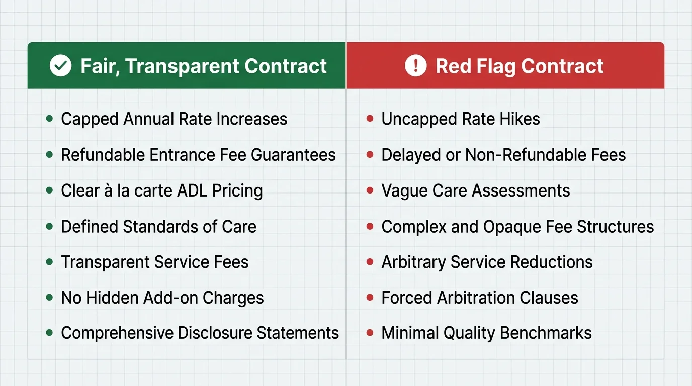 Side-by-side comparative table showing the difference between fair contract terms and warning-sign contracts.