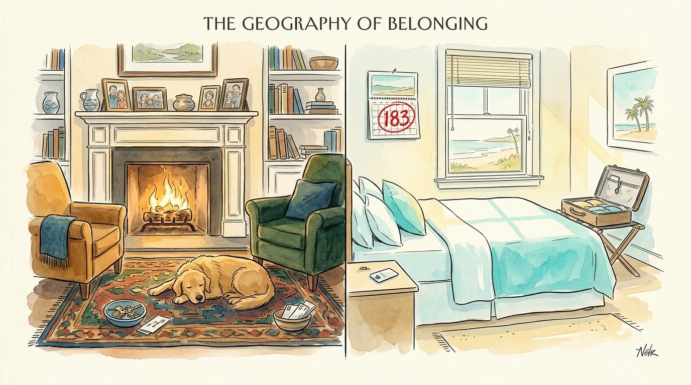 Split-screen watercolor illustration contrasting a cozy permanent home with a temporary, minimalist vacation apartment.