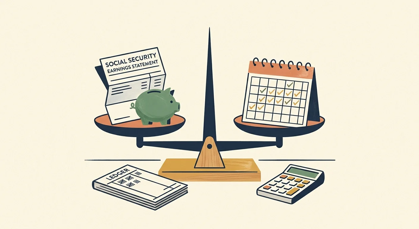 Balance scale holding a Social Security statement, piggy bank, and calendar above a calculator and ledger.