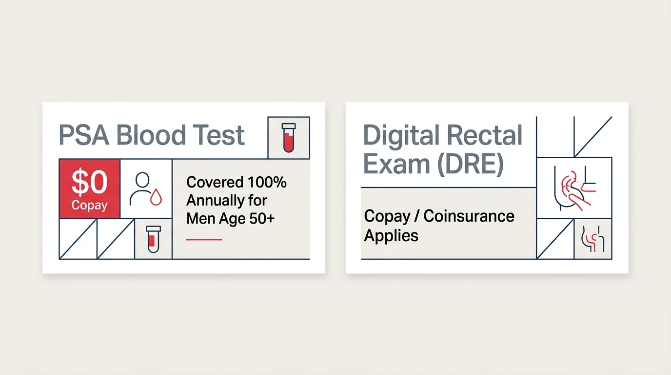 Diagram comparing a free PSA Blood Test covered at 100% with a Digital Rectal Exam requiring copay or coinsurance.