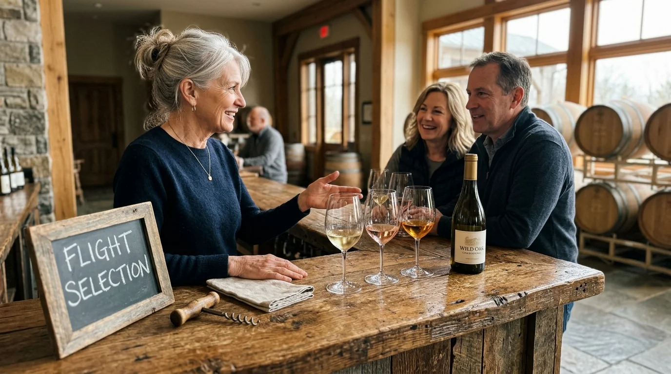 A smiling woman pours wine samples and talks with a couple at a rustic tasting room counter near wine barrels.