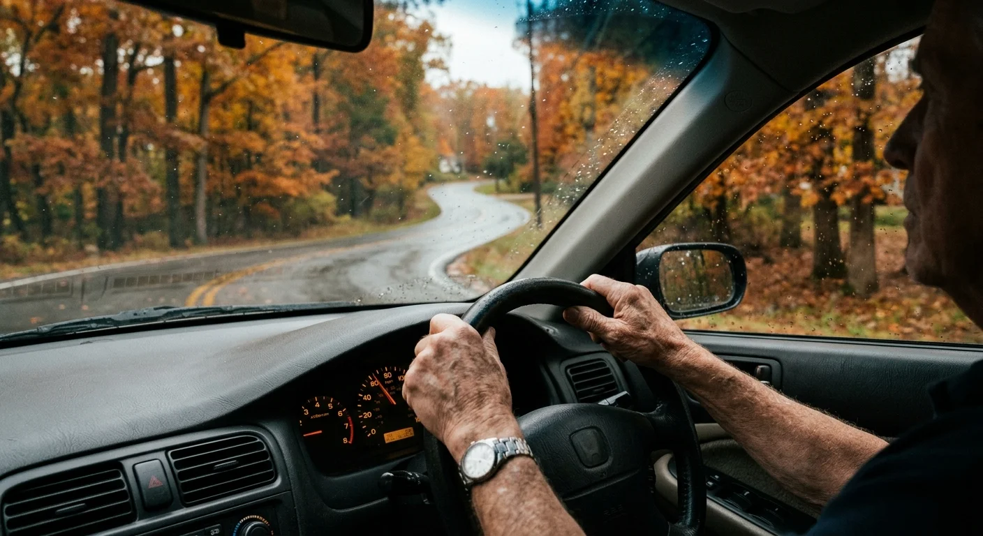 The driver's perspective inside a car showing weathered hands on the steering wheel on a wet, tree-lined suburban road.