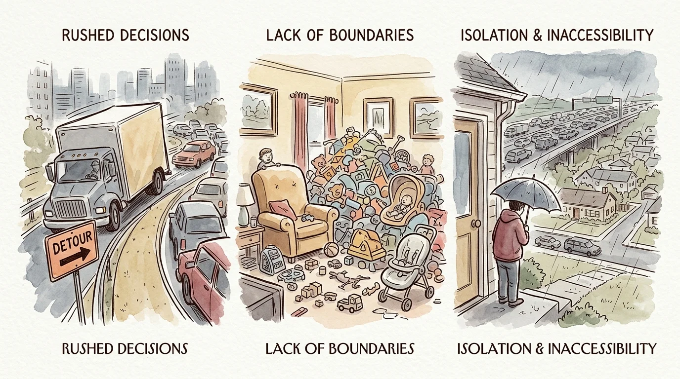 Three-panel illustration showing a moving truck in traffic, a toy-cluttered living room, and a person standing in the rain.