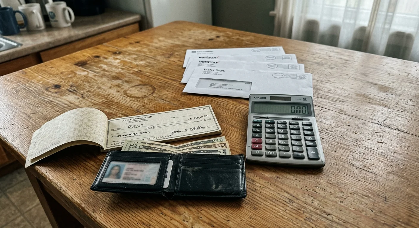Top-down documentary photo of an open checkbook, a calculator showing zero, and an open wallet with very little cash on a kitchen table.