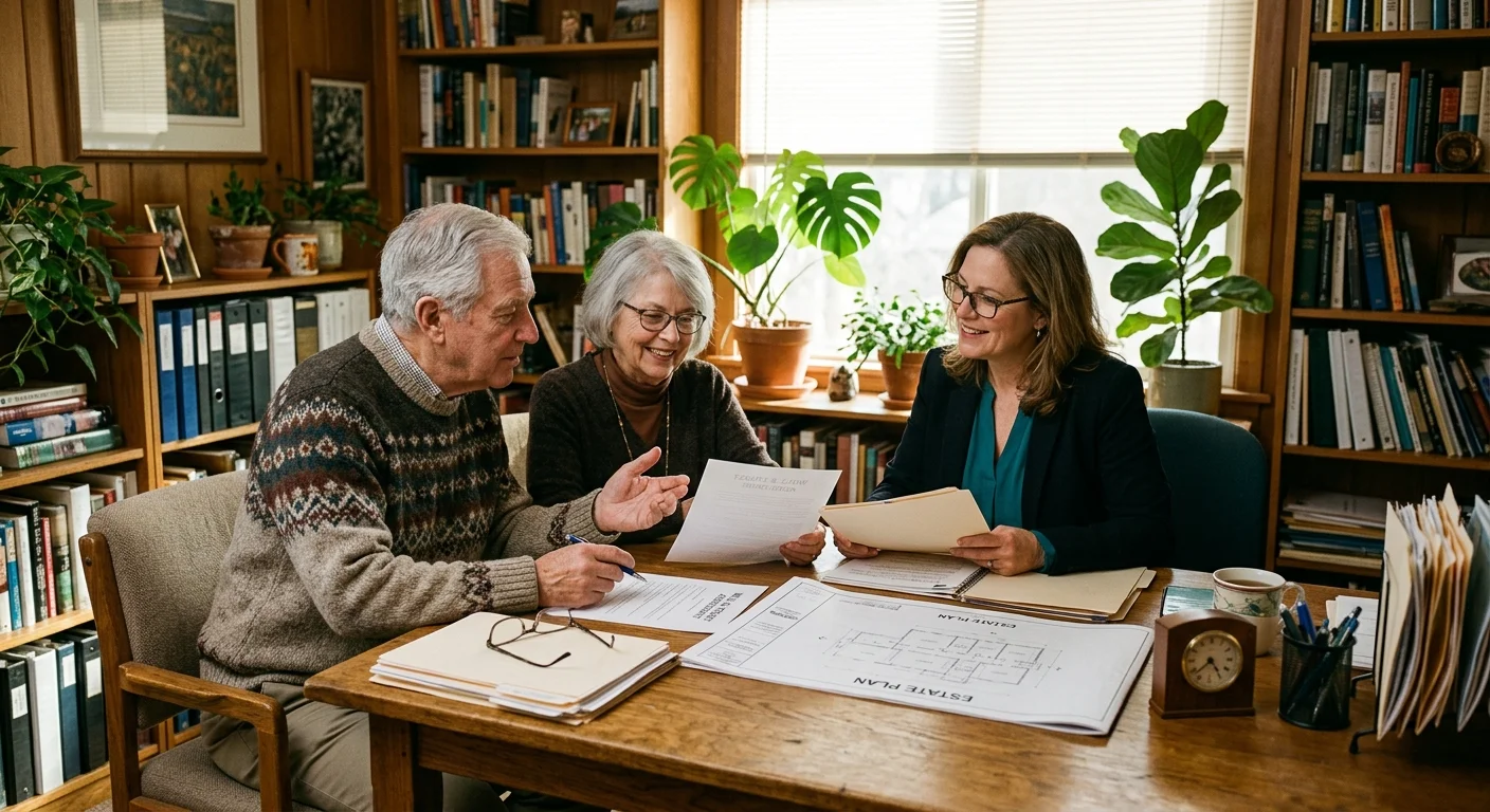 Two retired siblings consulting with a professional advisor over paperwork in a warm, sunlit home-style office.