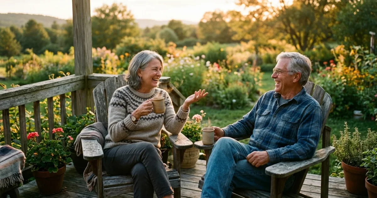 Two retired siblings laughing on a sunny porch during golden hour, illustrating co-living in retirement.