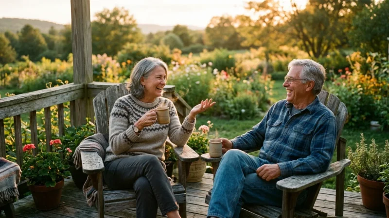 Two retired siblings laughing on a sunny porch during golden hour, illustrating co-living in retirement.