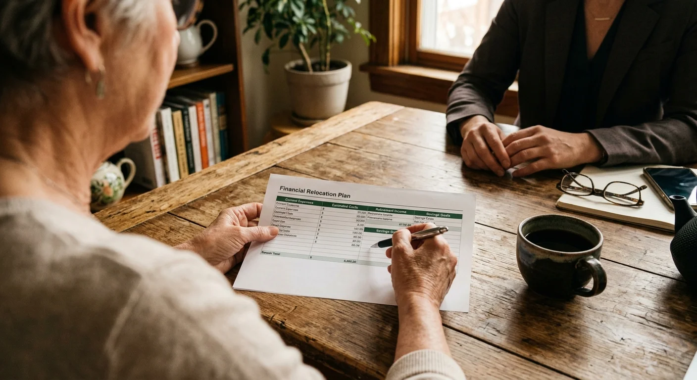 Warm, close-up photograph of a senior consulting with a financial advisor over a relocation plan at a wooden table.
