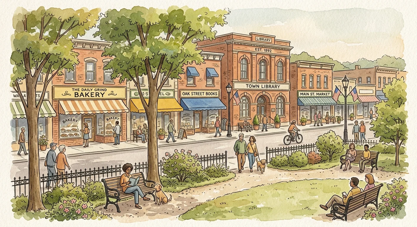 Watercolor and ink illustration of a charming, walkable mid-sized American town main street with brick buildings and a green park.
