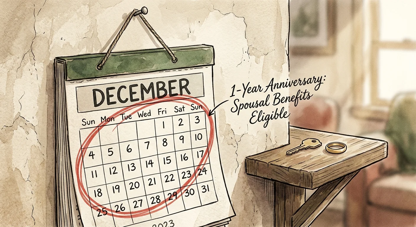 Watercolor illustration of a calendar page with a circled date, symbolizing the 1-year waiting period for new spousal benefits.
