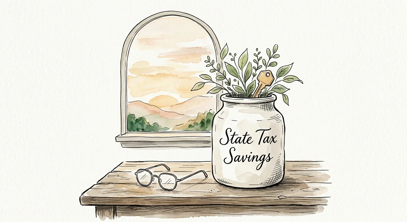 Watercolor illustration of a ceramic savings jar with a house key inside, representing state tax strategies to stretch retirement income.