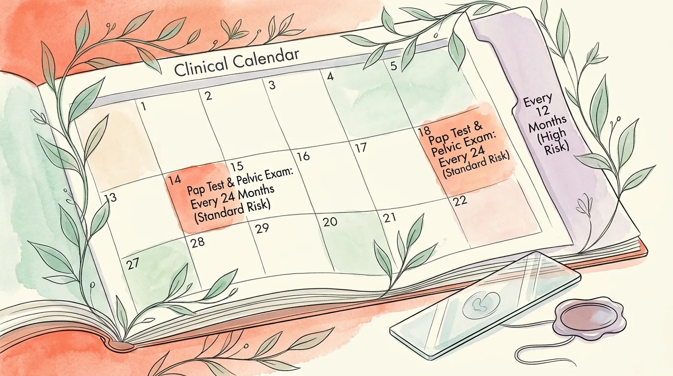 Clinical calendar planner open to screening dates next to a glass slide and decorative leafy vines.