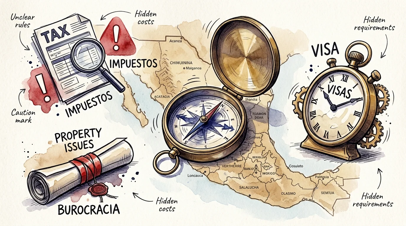Watercolor illustration of a compass on a map of Mexico surrounded by symbolic hurdles like tax forms and visa delays.
