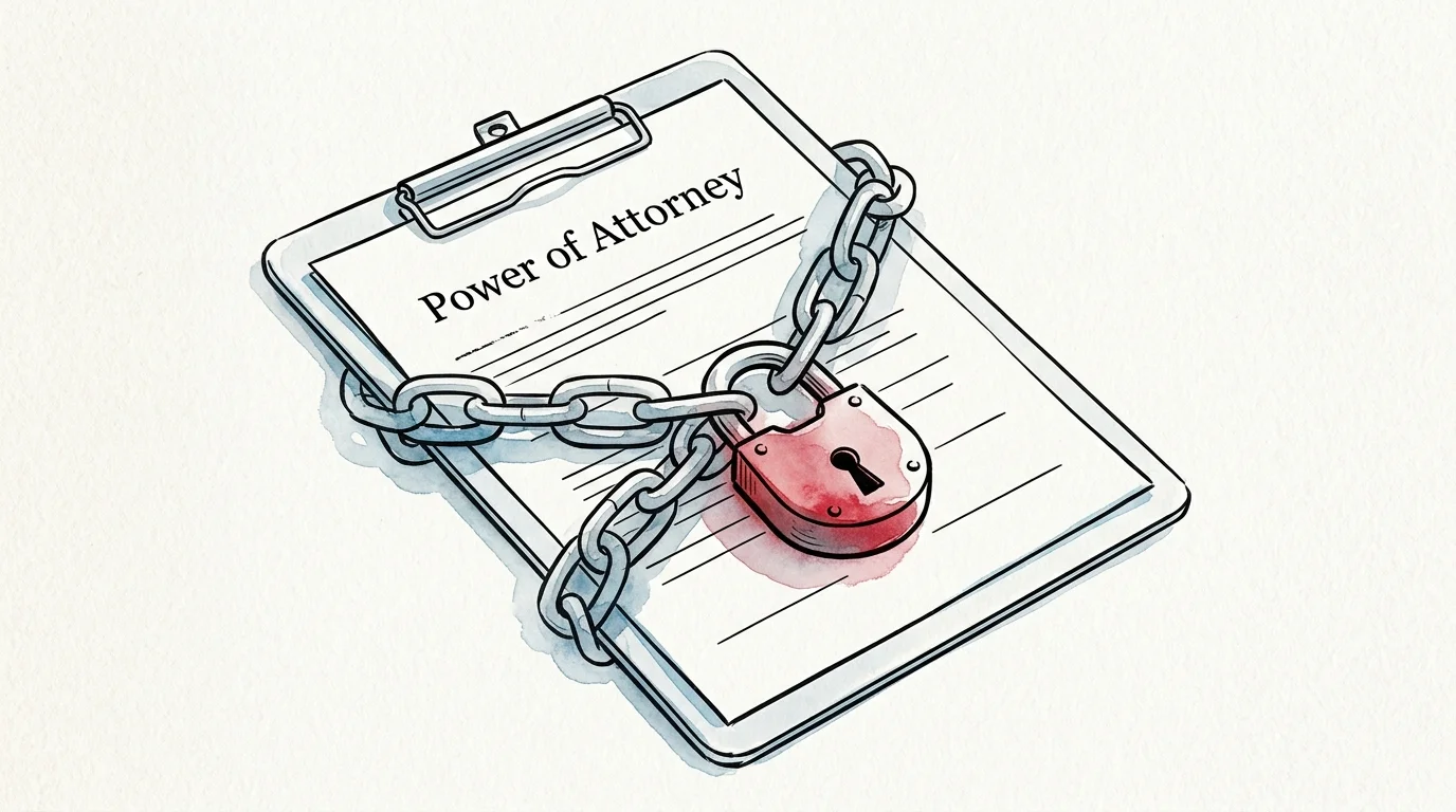 Watercolor illustration of a medical clipboard wrapped in a padlocked chain, symbolizing a lack of legal authority.