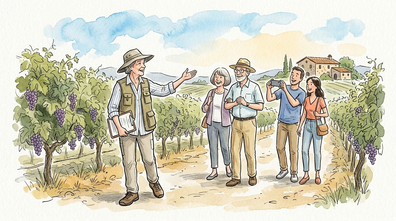 Watercolor illustration of a female tour guide leading four visitors along a path between vineyard grapevines.