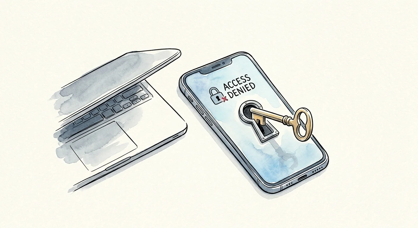 Watercolor illustration of a smartphone and laptop featuring a metallic keyhole, representing locked digital estates.