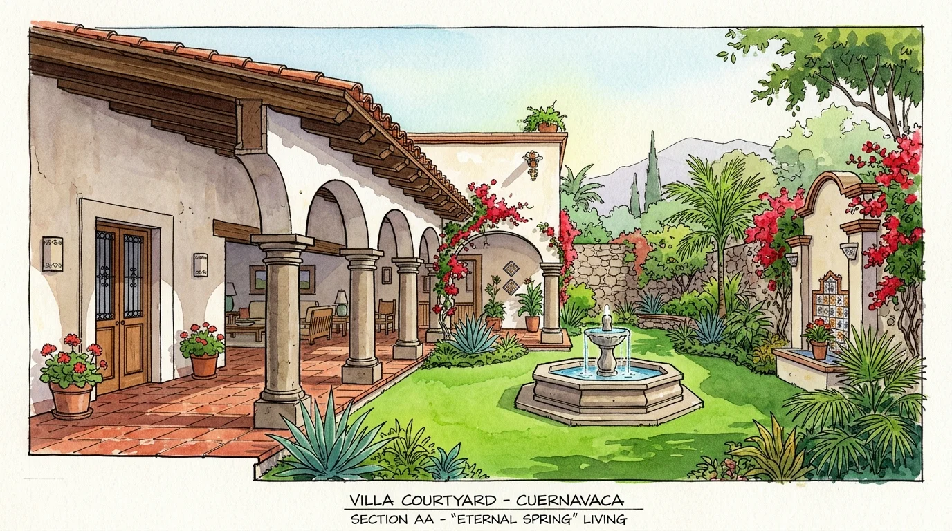 Watercolor illustration of a traditional Spanish-style courtyard in Cuernavaca with red clay floors and blooming bougainvillea.