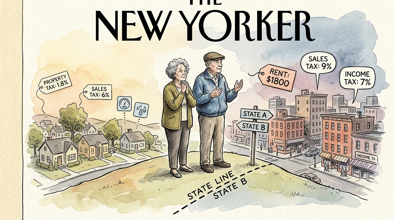 Illustration of an elderly couple standing on a state line comparing tax rates between suburban and urban towns.