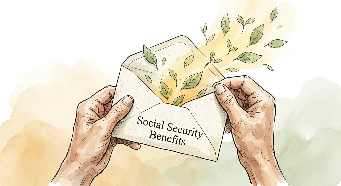 Watercolor illustration of hands opening a Social Security envelope with golden light and green leaves drifting out.