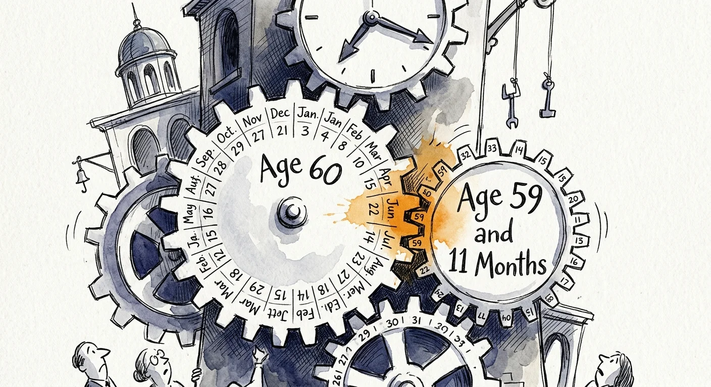 Watercolor illustration of misaligned gears representing a timing mistake, such as remarrying just before turning age 60.