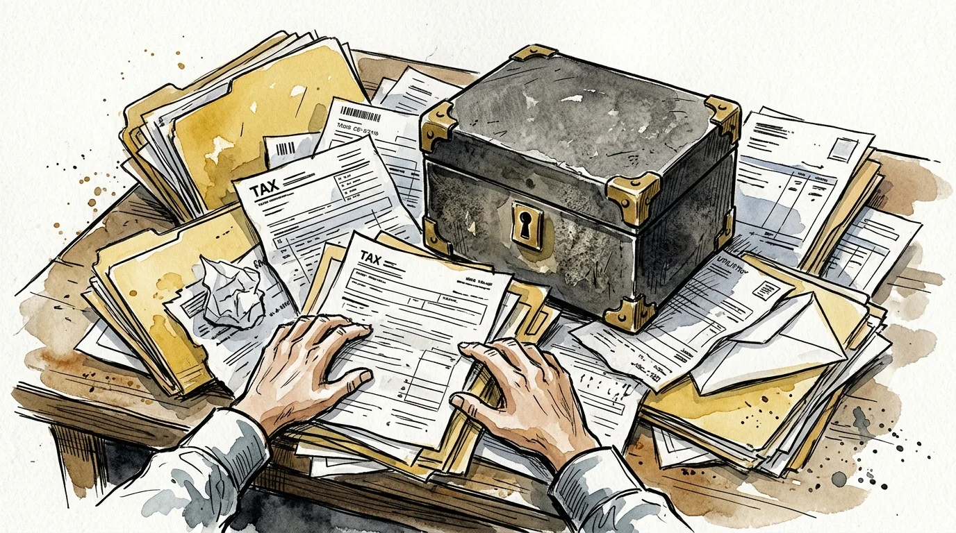 Watercolor illustration of stressed hands searching through a chaotic, messy pile of old papers and a locked metal box.