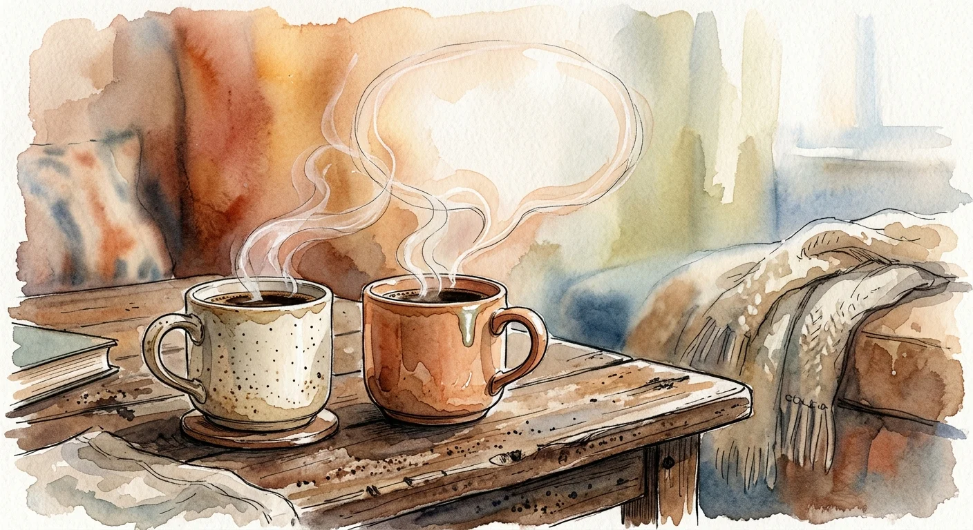 Watercolor illustration of two steaming coffee mugs on a table, with the steam forming a gentle, abstract speech bubble.