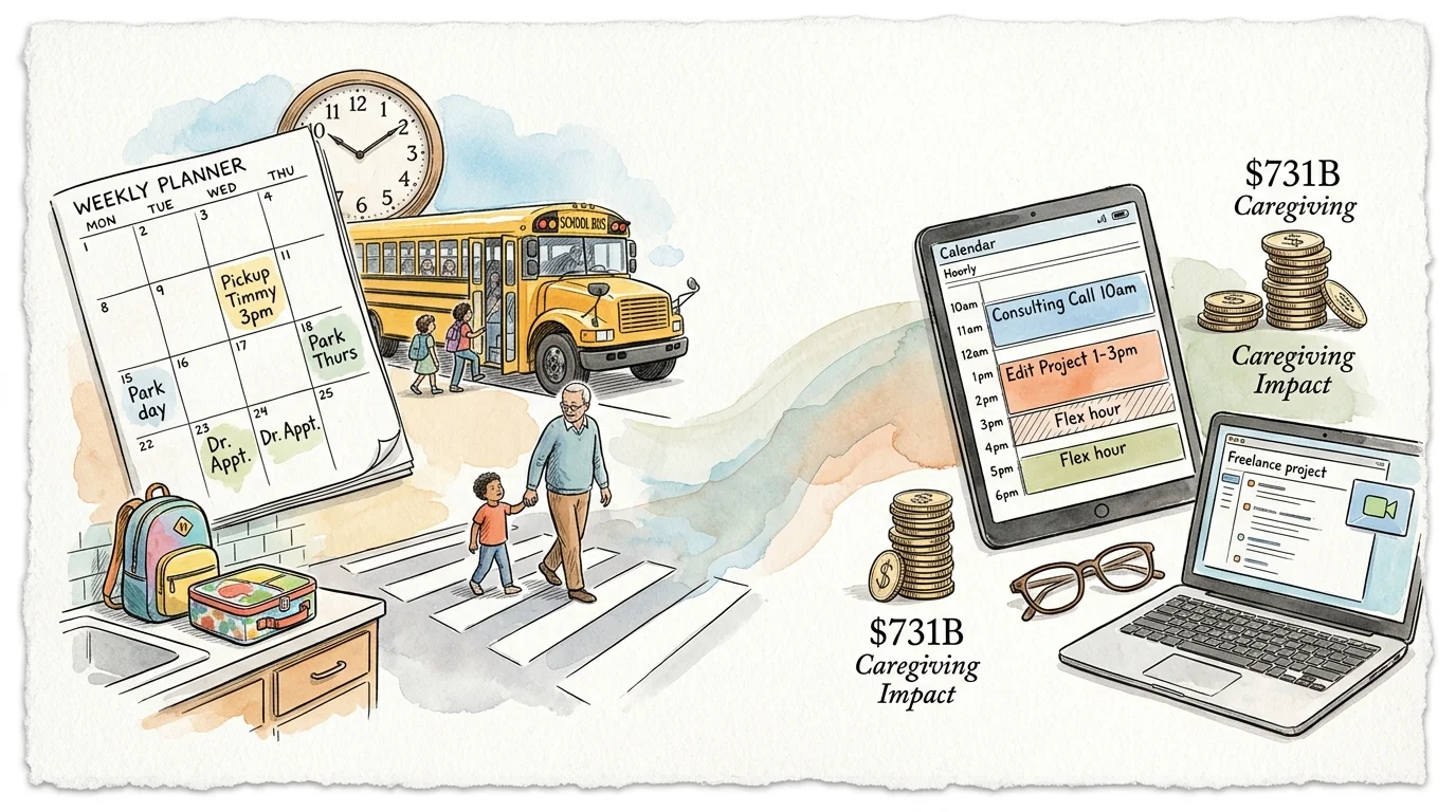 Illustration of childcare routines beside a laptop, tablet calendar, and stacks of coins labeled $731B caregiving impact.
