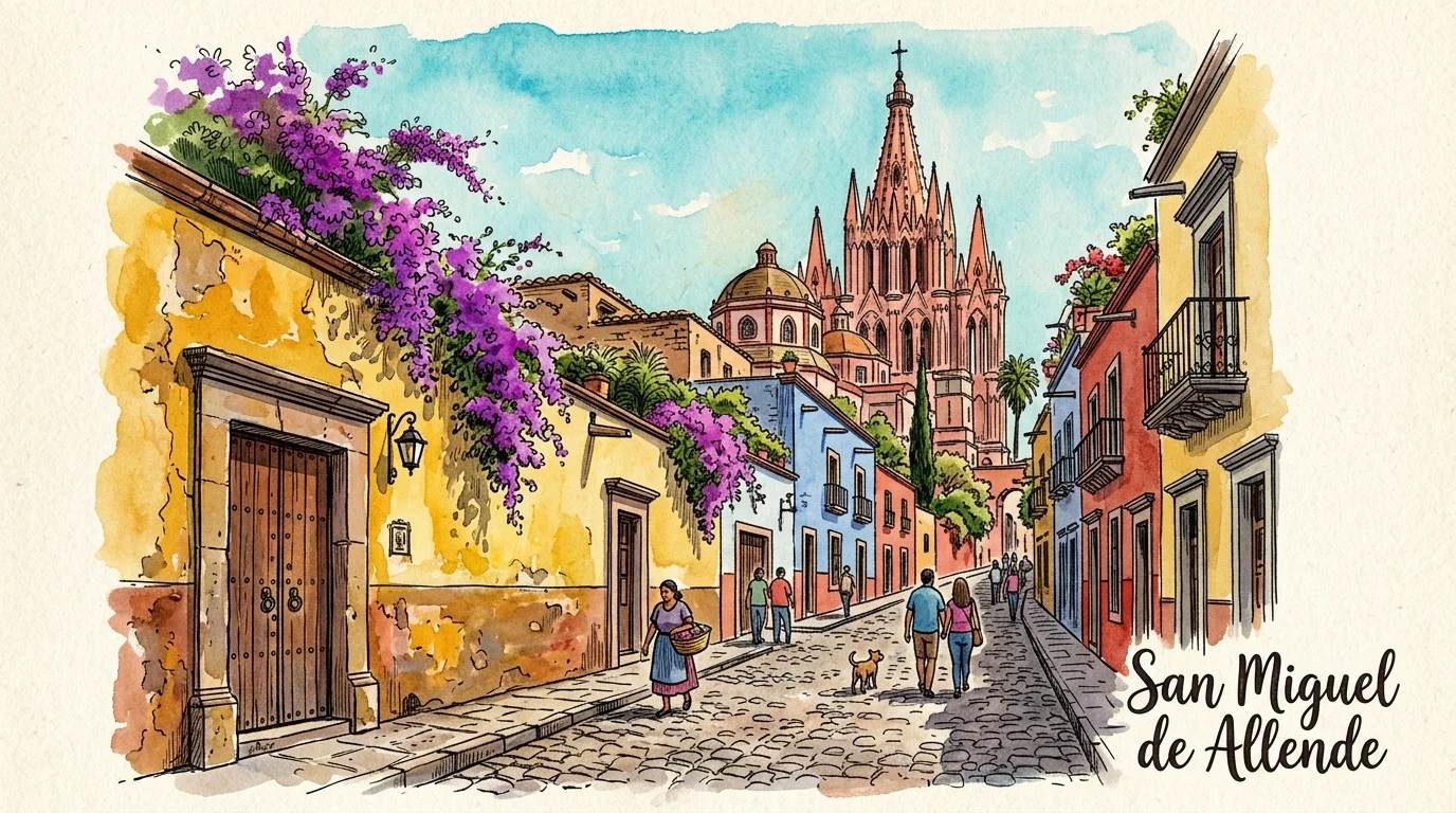 Watercolor sketch of a cobblestone street in San Miguel de Allende with the iconic pink Parroquia church rising in the background.
