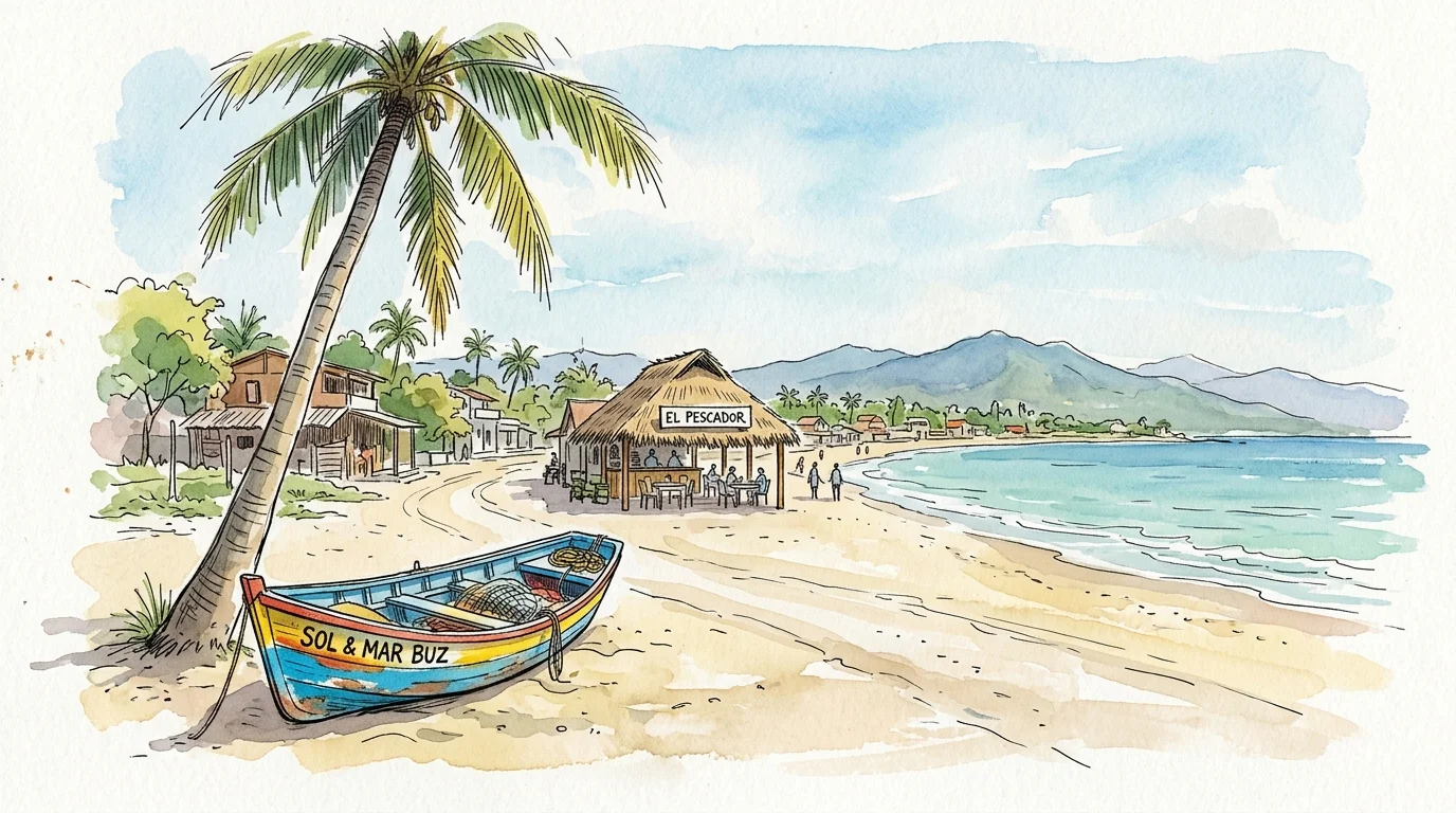 Watercolor sketch of a peaceful sandy beach in Bucerías with a small wooden fishing boat under a palm tree.