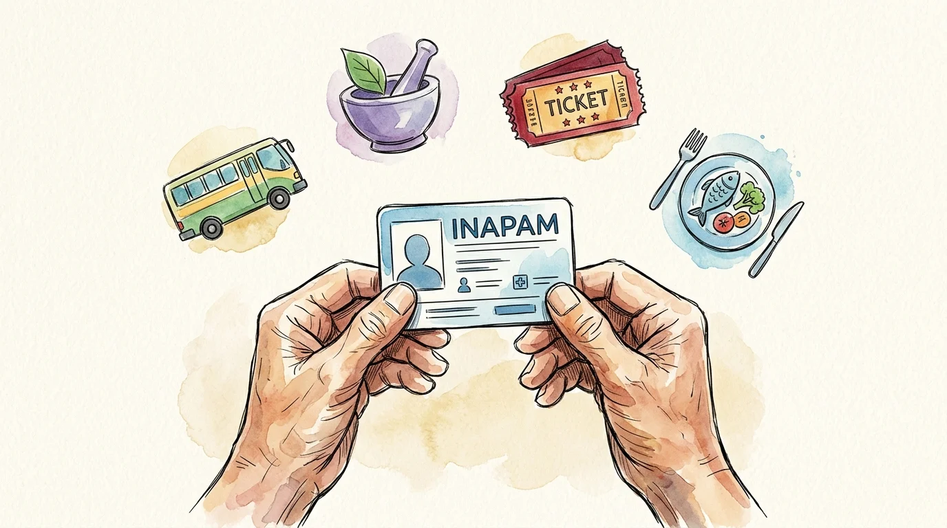 Watercolor sketch of older hands holding an INAPAM discount card surrounded by colorful icons for travel and medical discounts.