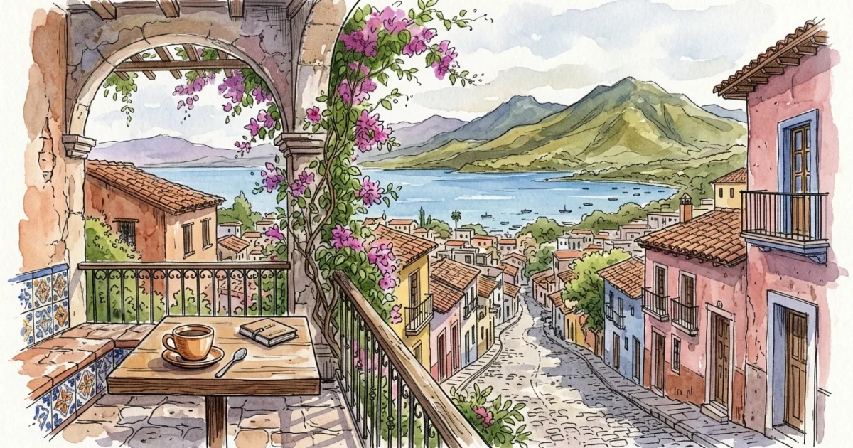 Watercolor travel illustration of a Mexican colonial street with bougainvillea leading to a serene blue lake and mountains under a warm sky.