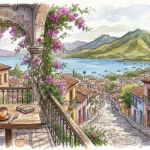 Watercolor travel illustration of a Mexican colonial street with bougainvillea leading to a serene blue lake and mountains under a warm sky.