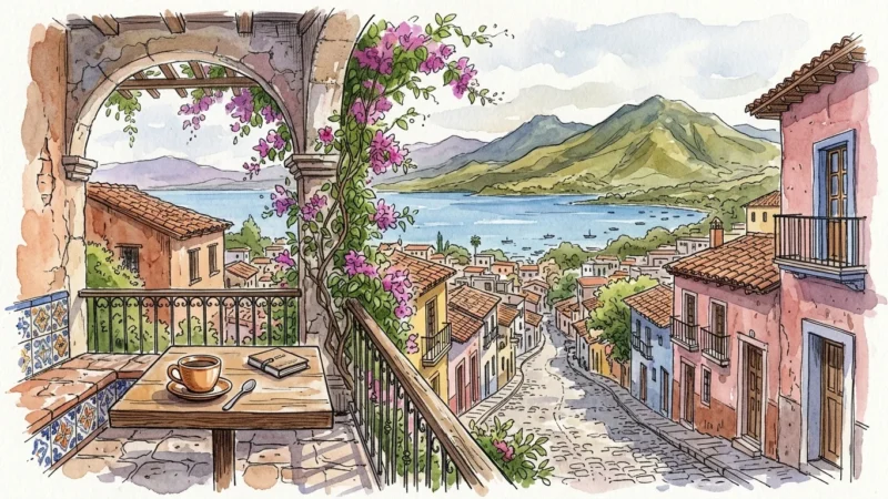 Watercolor travel illustration of a Mexican colonial street with bougainvillea leading to a serene blue lake and mountains under a warm sky.