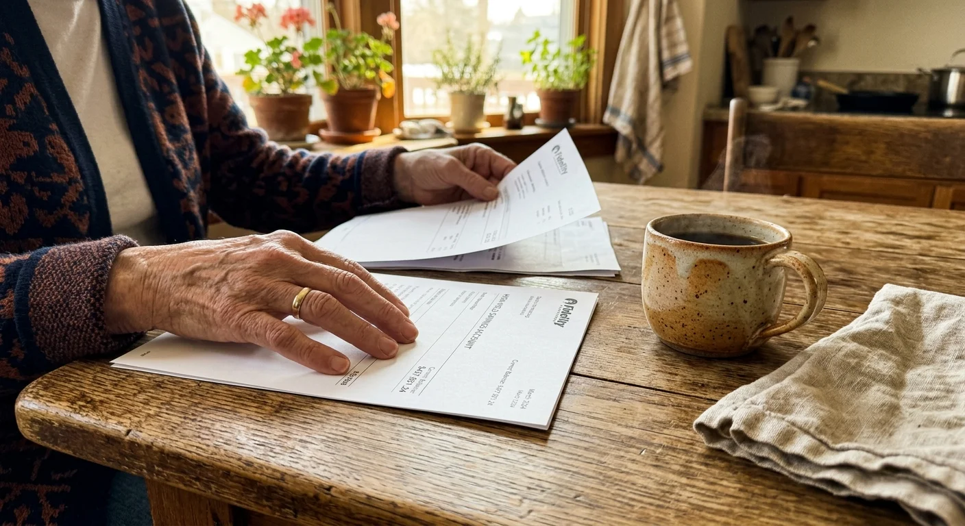 Weathered hands organize physical bank statements on a warm wooden kitchen table next to a ceramic coffee mug.