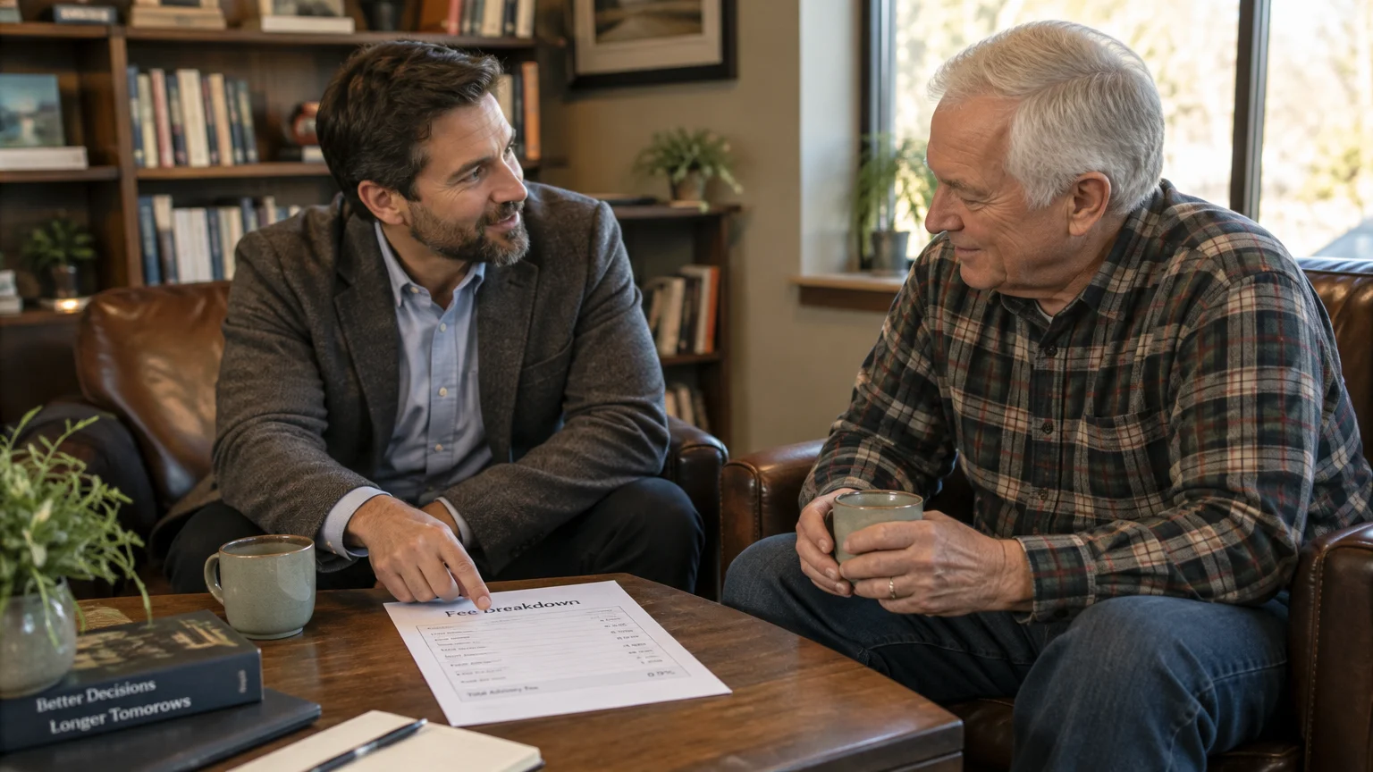 A financial advisor in a suit jacket discusses a fee breakdown document with a senior man holding a coffee mug.